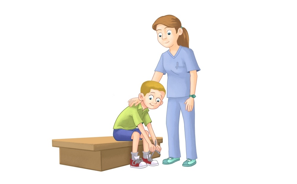 治療師幫助腦性癱瘓患者進(jìn)行日?；顒印?