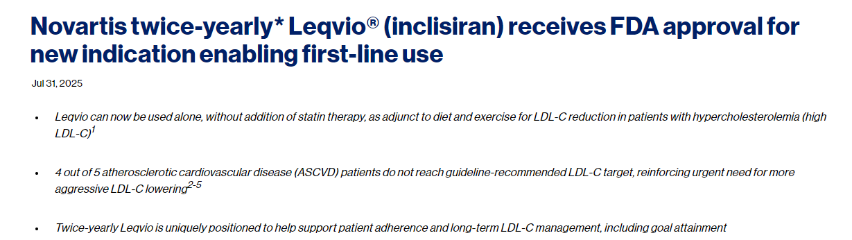 諾華公司每半年*推出的 Leqvio?（inclisiran）獲得 FDA 批準(zhǔn)，用于新的適應(yīng)癥，使其成為一線治療藥物。
